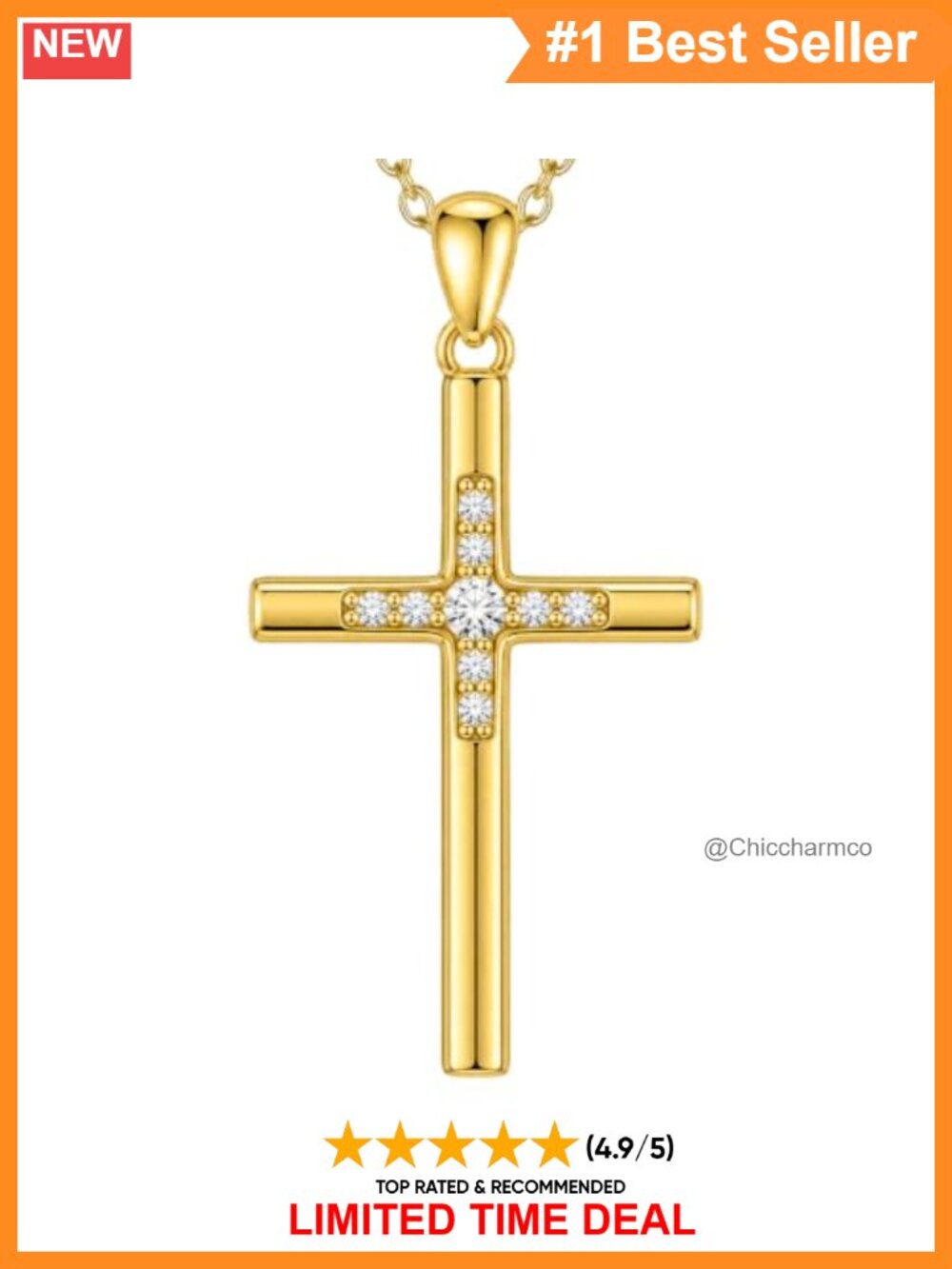 18K Gold Plated Cross Necklace Cubic Zirconia Pendant Religious Gift